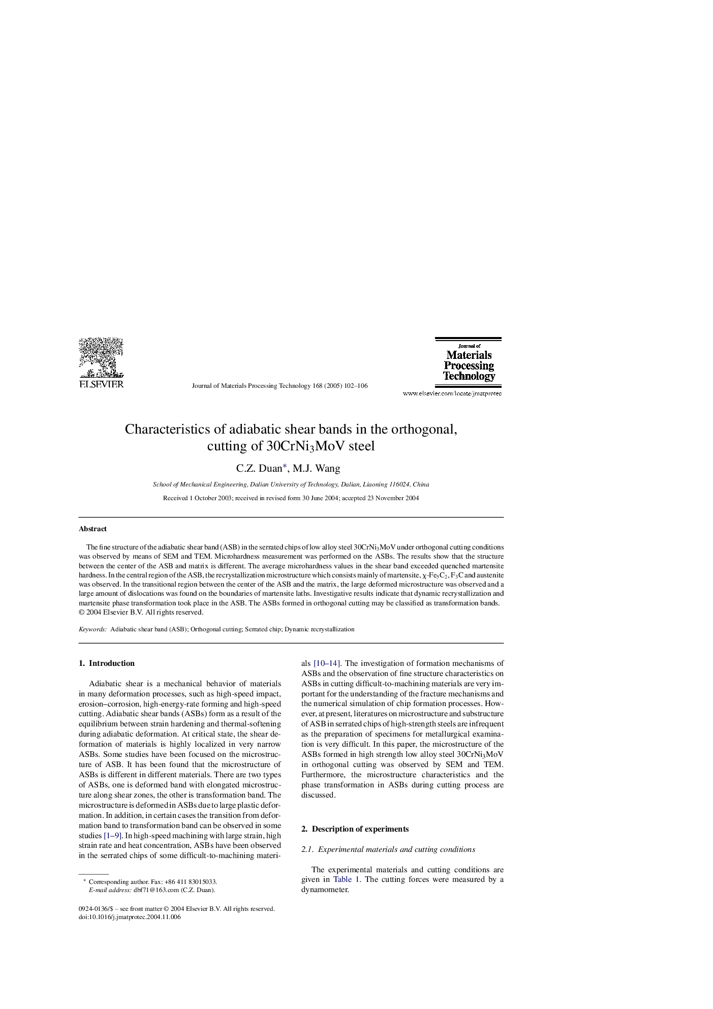 Characteristics of adiabatic shear bands in the orthogonal, cutting of 30CrNi3MoV steel