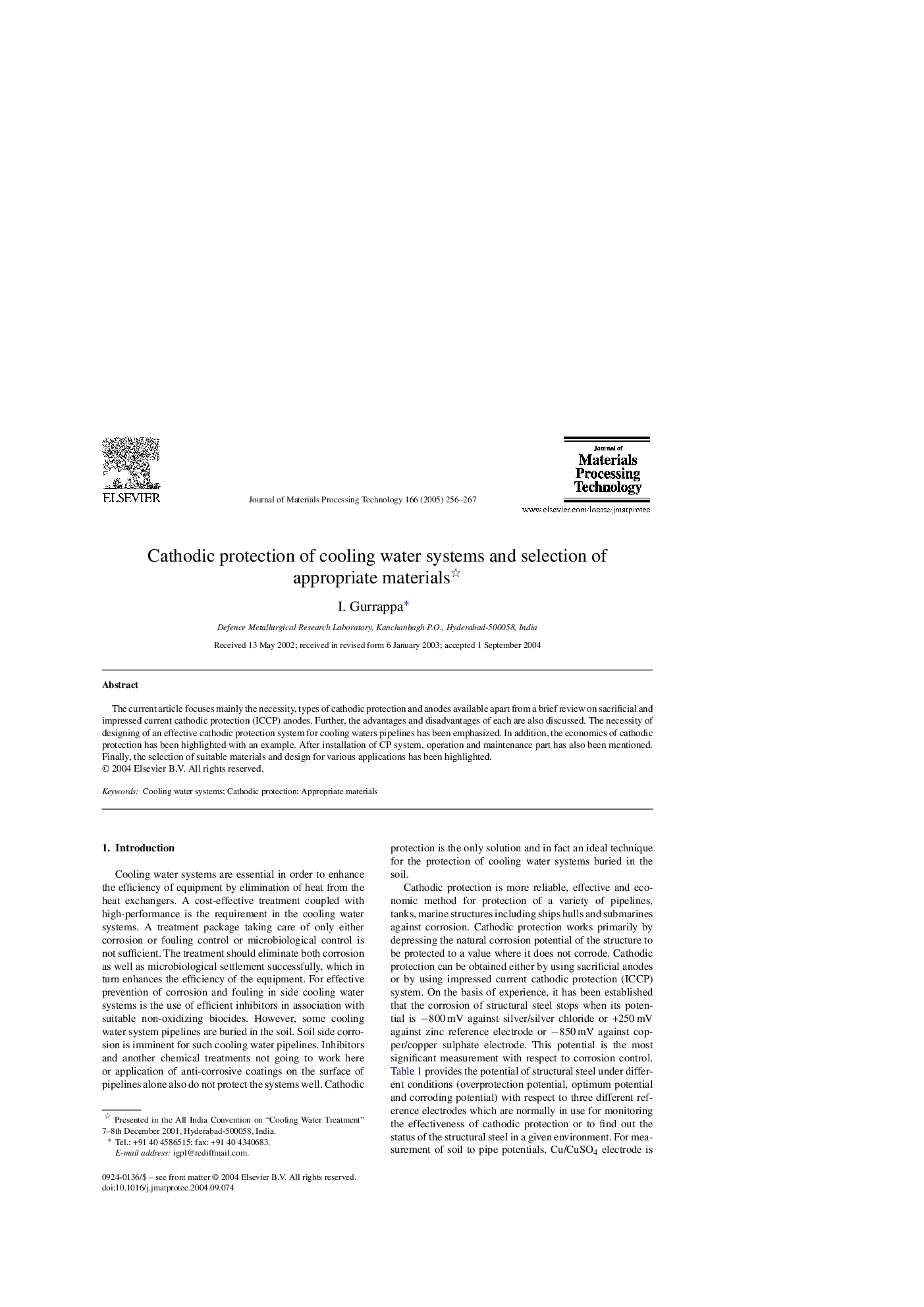 Cathodic protection of cooling water systems and selection of appropriate materials