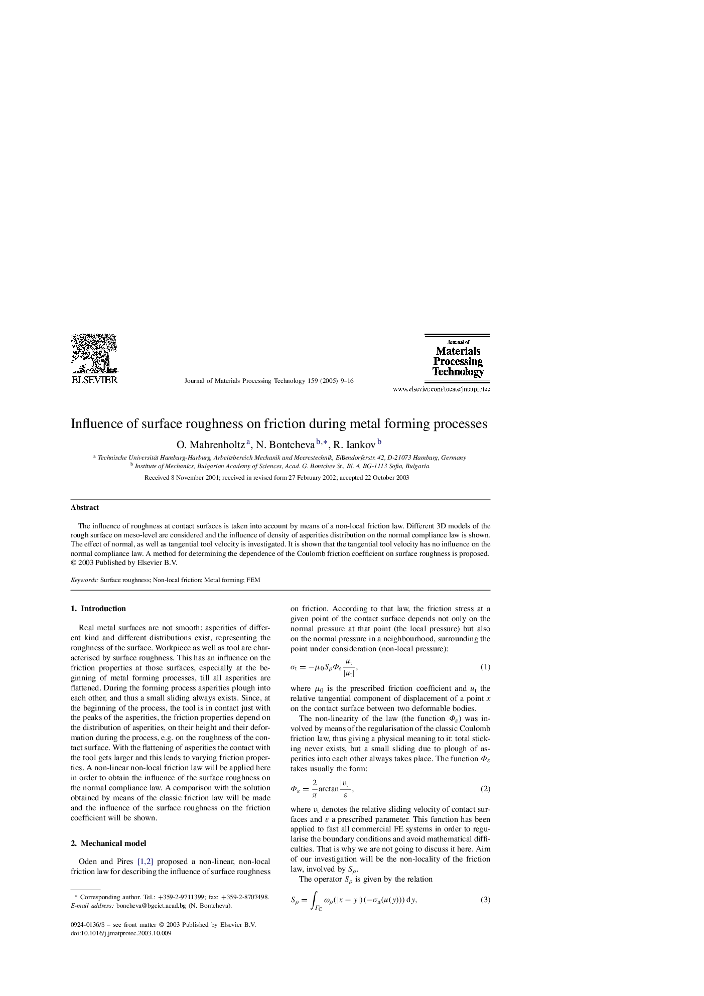 Influence of surface roughness on friction during metal forming processes