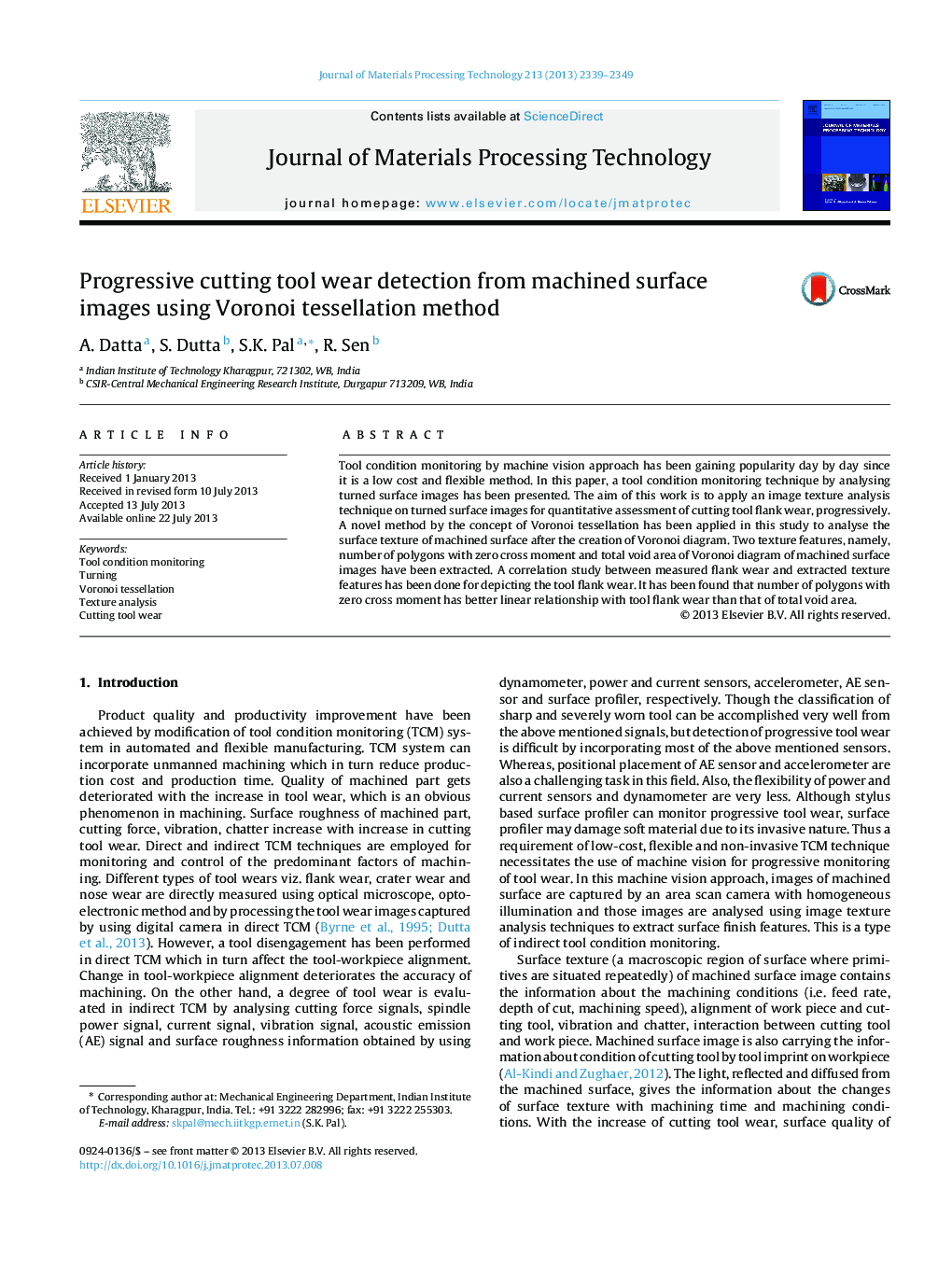 Progressive cutting tool wear detection from machined surface images using Voronoi tessellation method