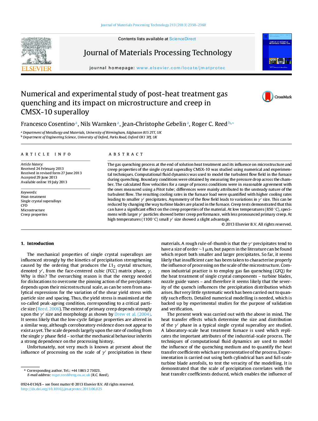 Numerical and experimental study of post-heat treatment gas quenching and its impact on microstructure and creep in CMSX-10 superalloy