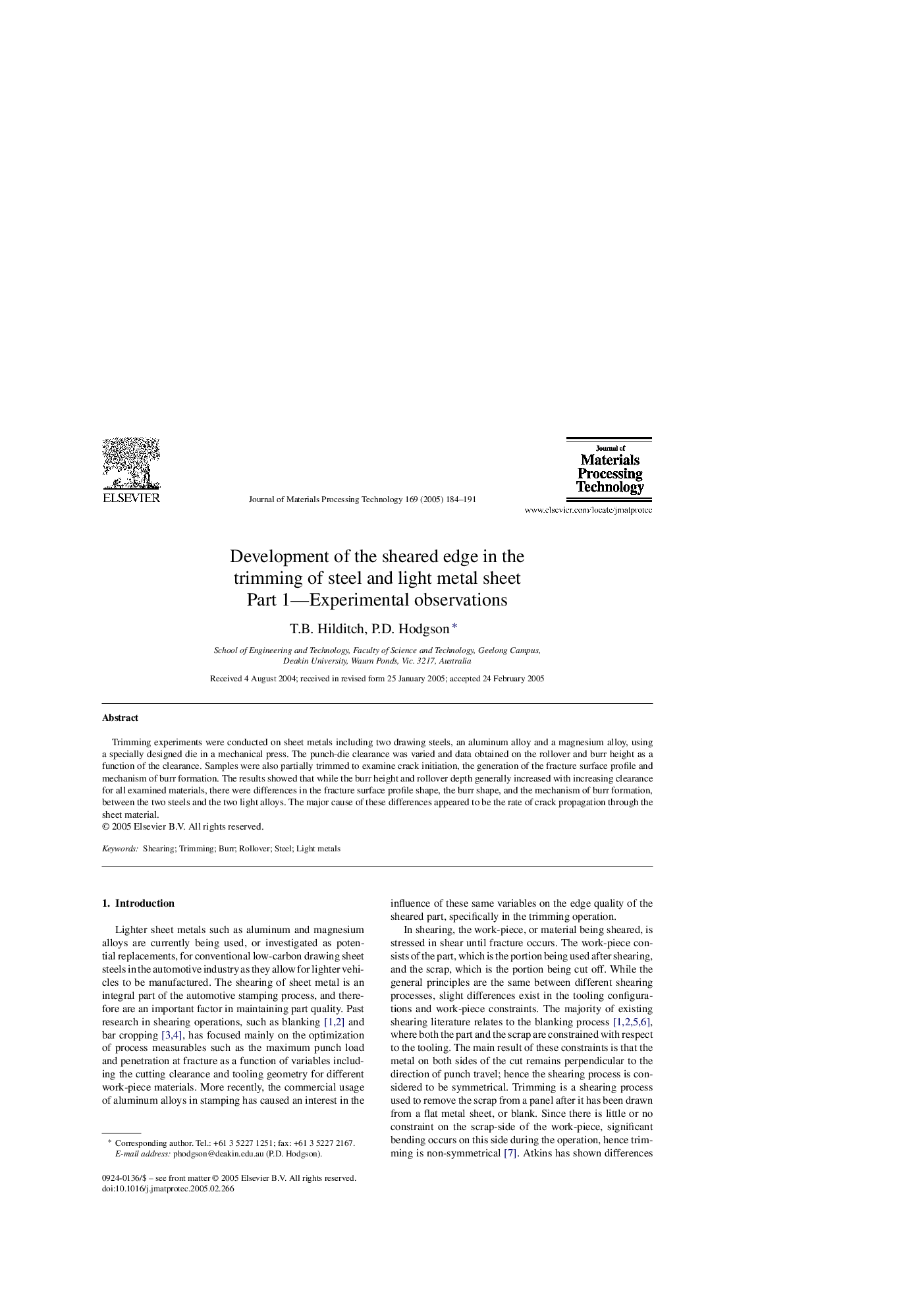 Development of the sheared edge in the trimming of steel and light metal sheet