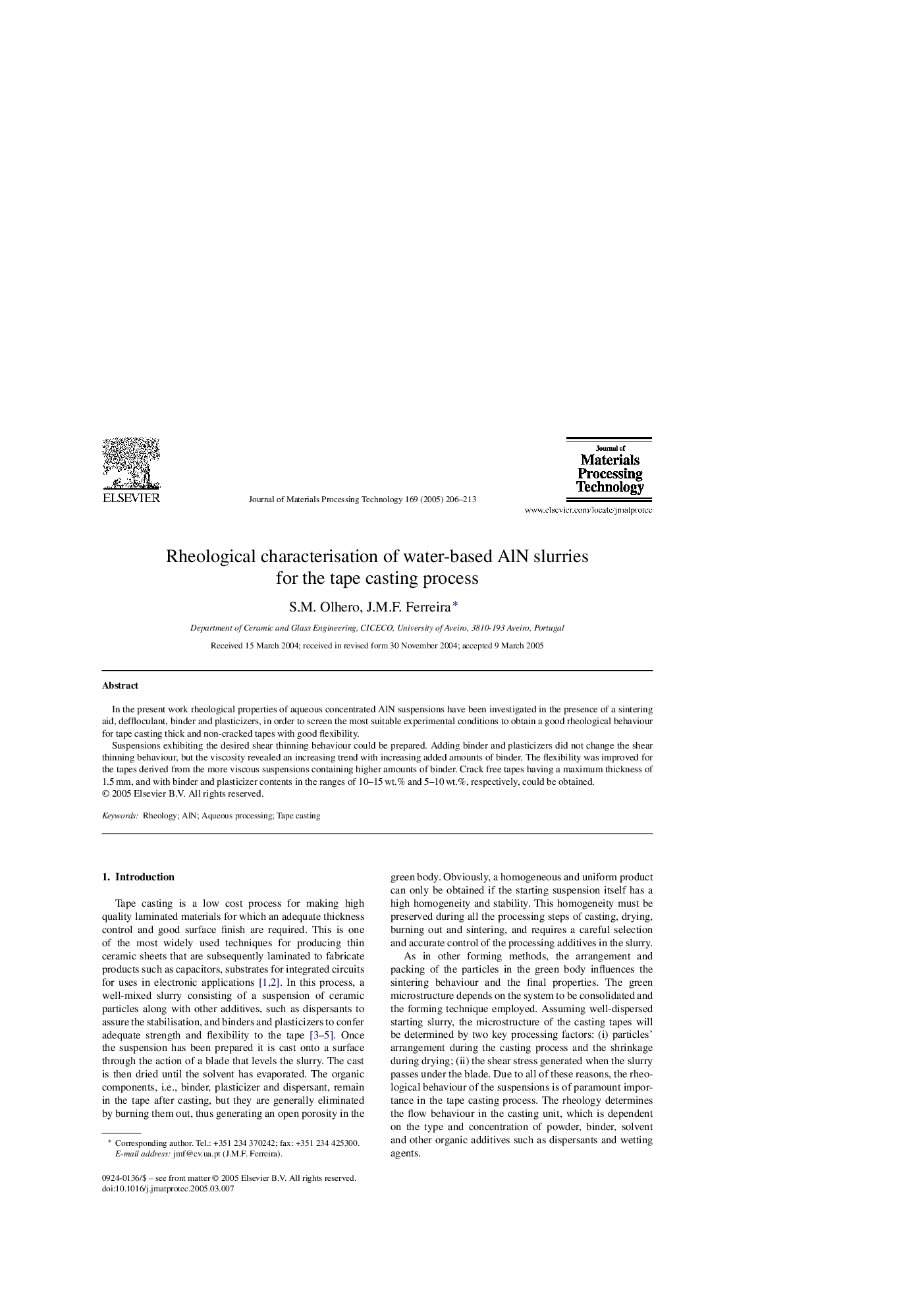 Rheological characterisation of water-based AlN slurries for the tape casting process