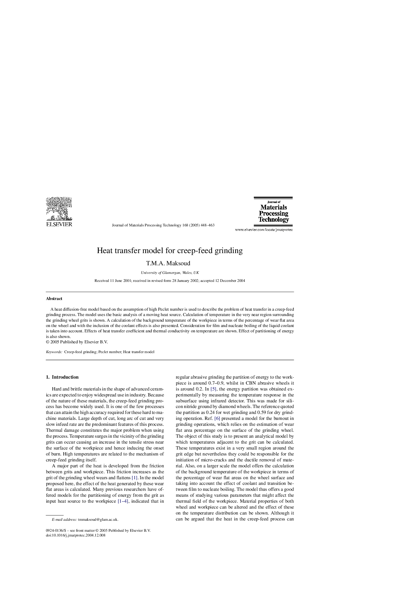 Heat transfer model for creep-feed grinding