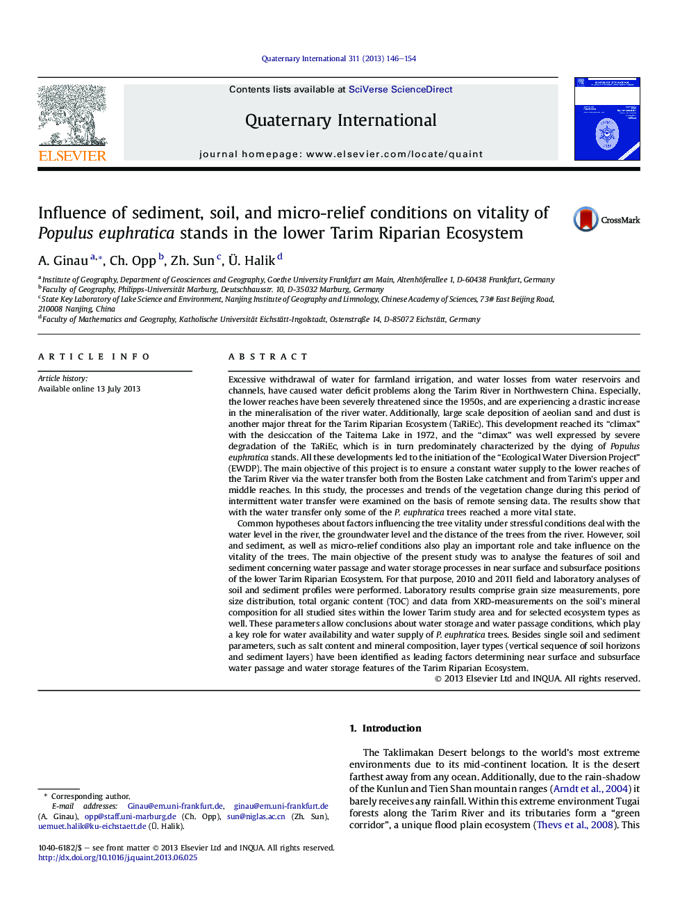 Influence of sediment, soil, and micro-relief conditions on vitality of Populus euphratica stands in the lower Tarim Riparian Ecosystem