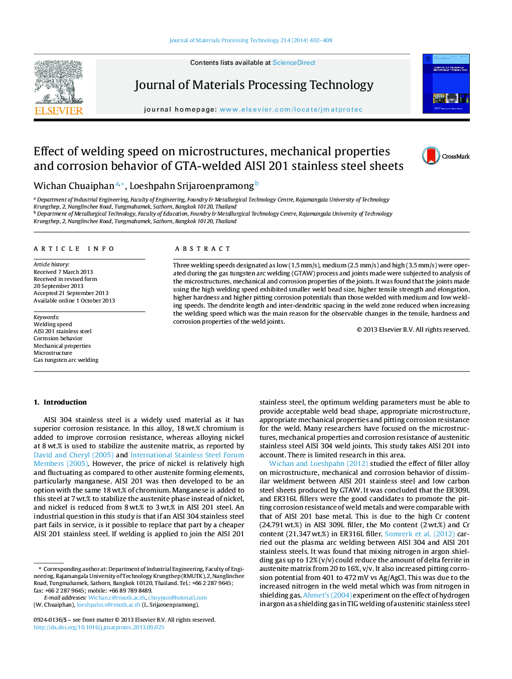 عکس صفحه اول مقاله: Effect of welding speed on microstructures, mechanical properties and corrosion behavior of GTA-welded AISI 201 stainless steel sheets Effect of welding speed on microstructures, mechanical properties and corrosion behavior of GTA-welded AISI 201 stainless steel sheets
