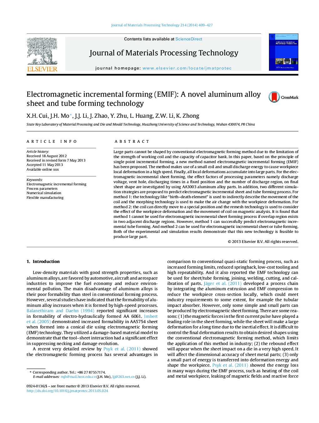 Electromagnetic incremental forming (EMIF): A novel aluminum alloy sheet and tube forming technology