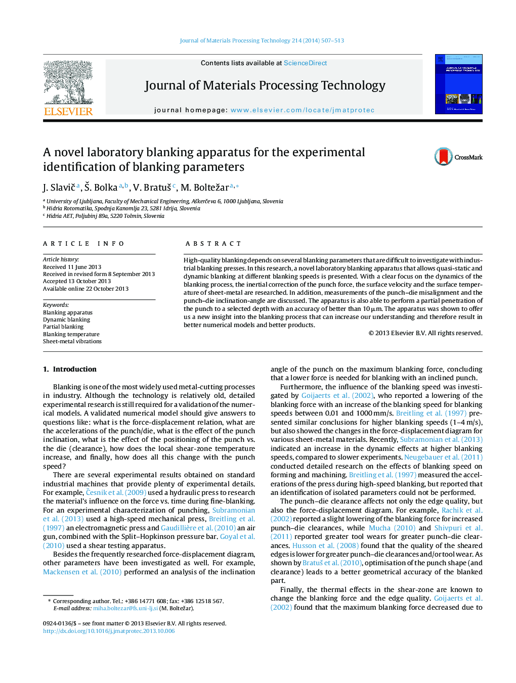 A novel laboratory blanking apparatus for the experimental identification of blanking parameters