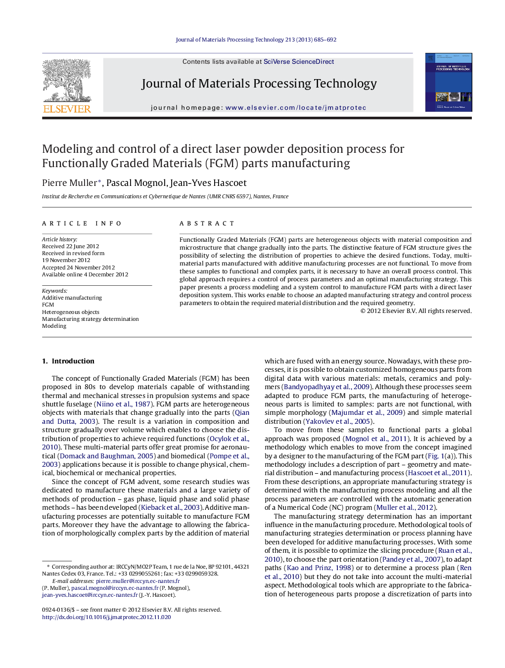 Modeling and control of a direct laser powder deposition process for Functionally Graded Materials (FGM) parts manufacturing