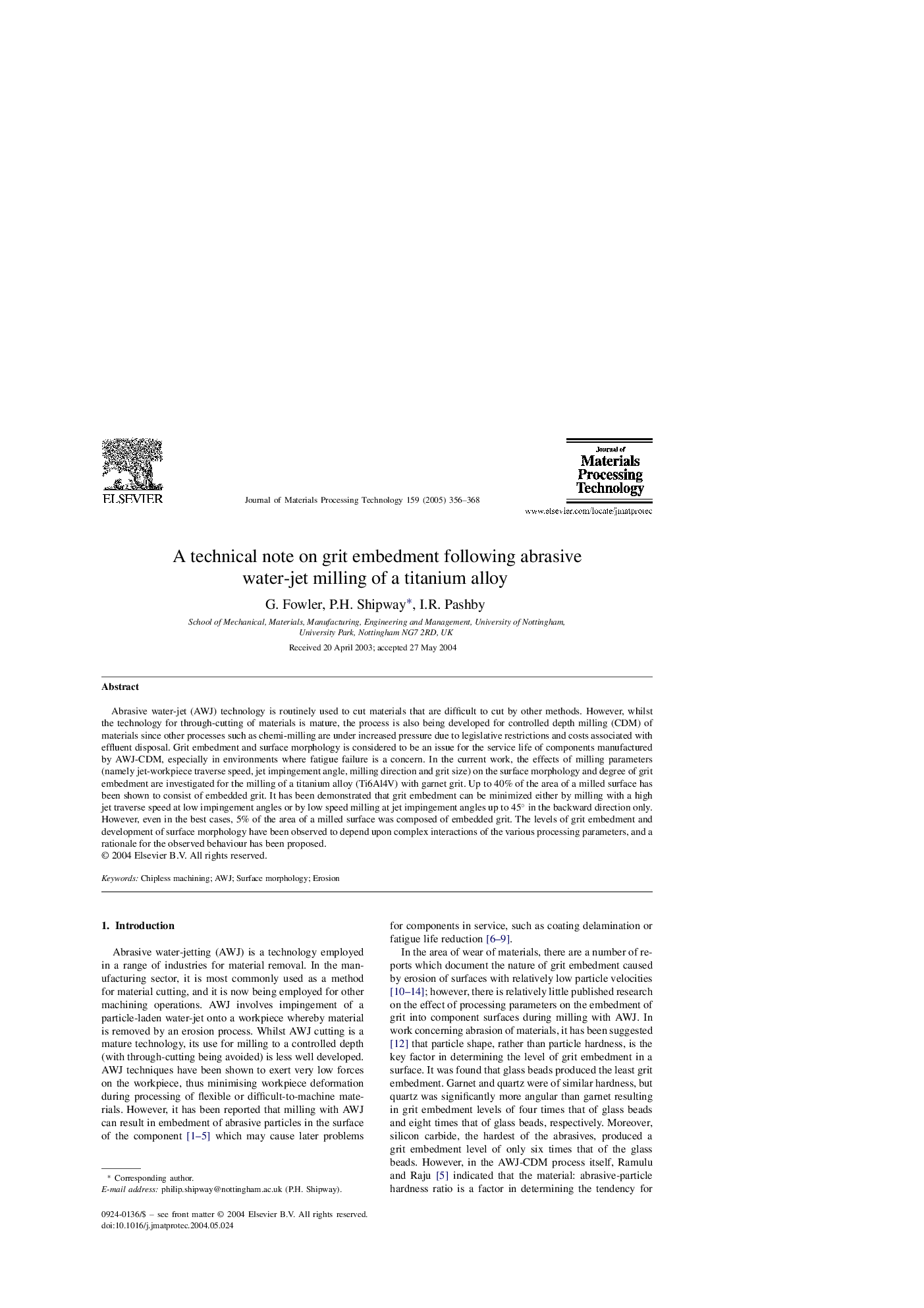 A technical note on grit embedment following abrasive water-jet milling of a titanium alloy