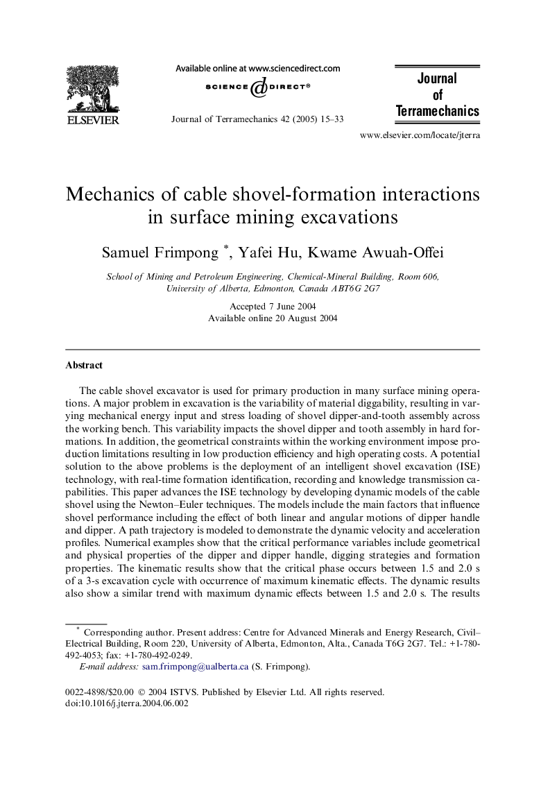 Mechanics of cable shovel-formation interactions in surface mining excavations