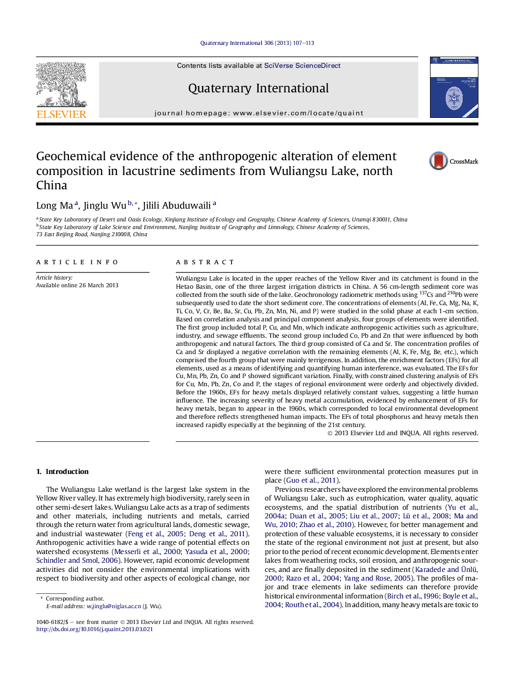 Geochemical evidence of the anthropogenic alteration of element composition in lacustrine sediments from Wuliangsu Lake, north China