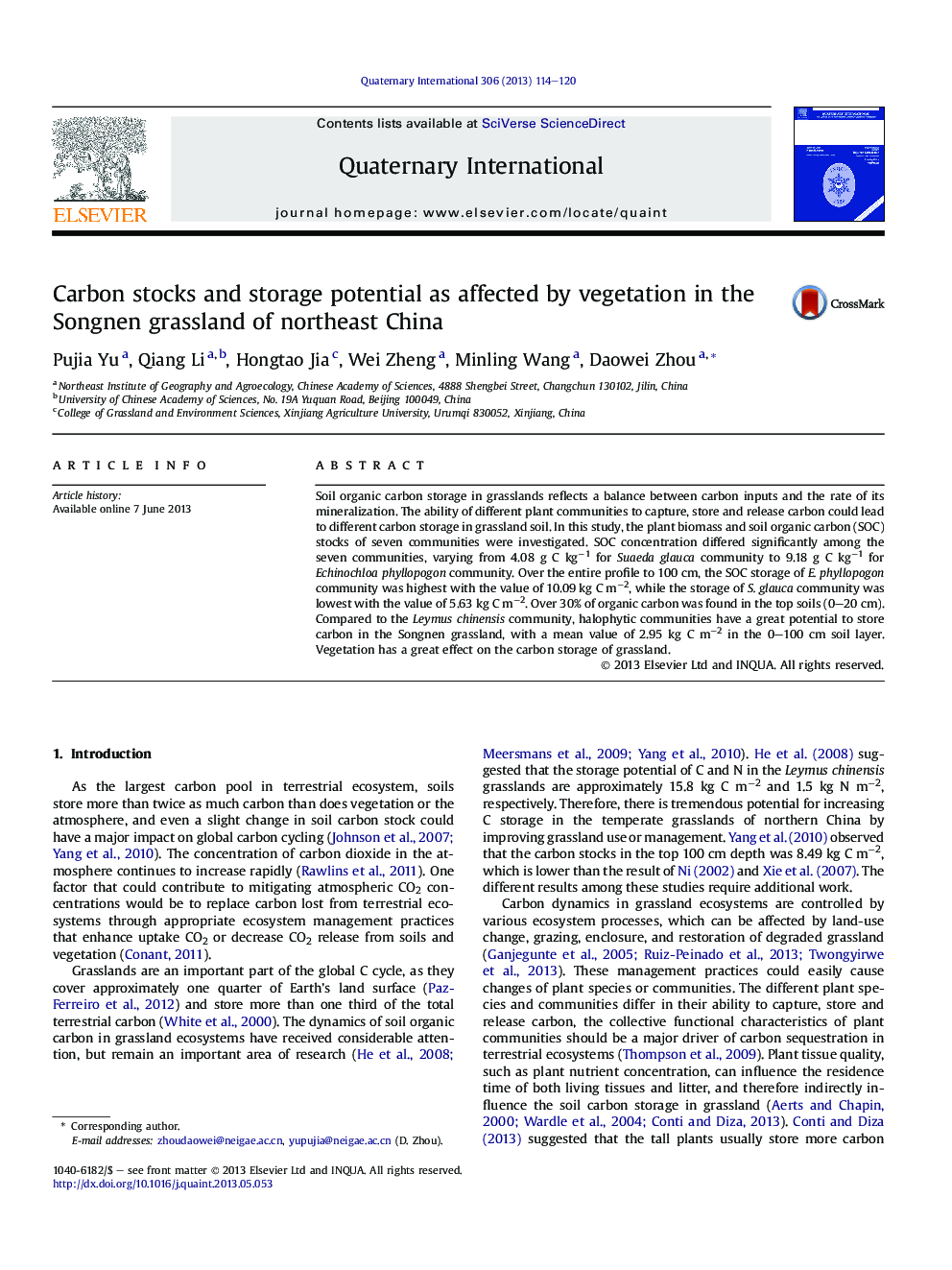 Carbon stocks and storage potential as affected by vegetation in the Songnen grassland of northeast China