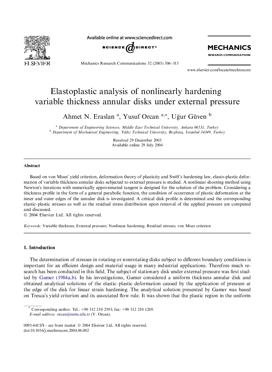 Elastoplastic analysis of nonlinearly hardening variable thickness annular disks under external pressure