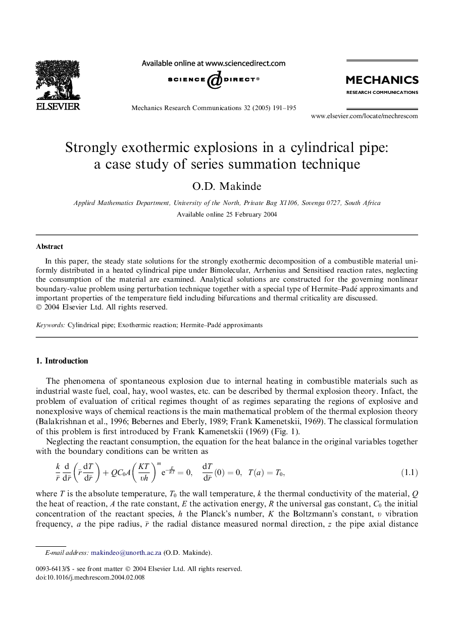 Strongly exothermic explosions in a cylindrical pipe: a case study of series summation technique