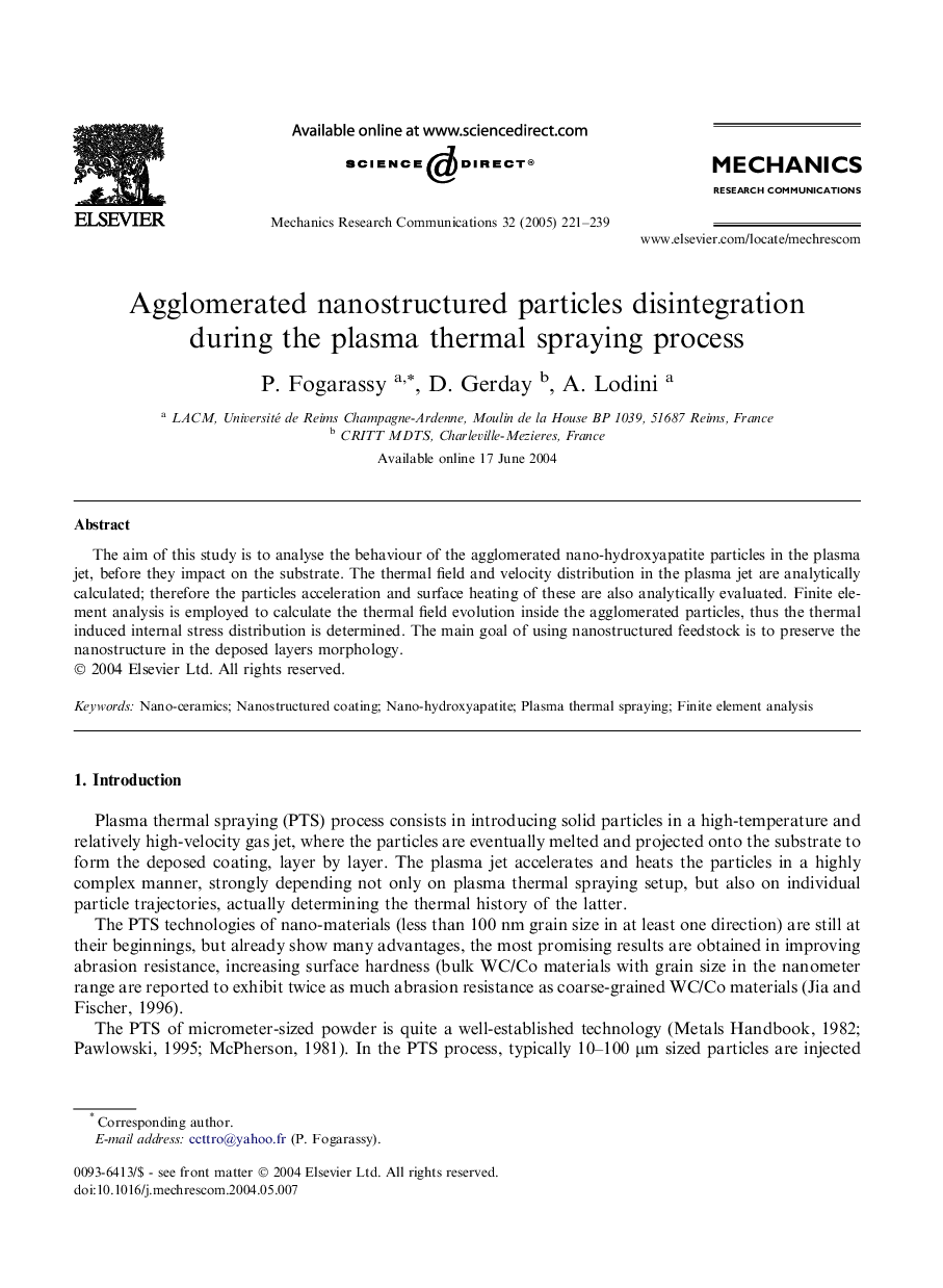 Agglomerated nanostructured particles disintegration during the plasma thermal spraying process