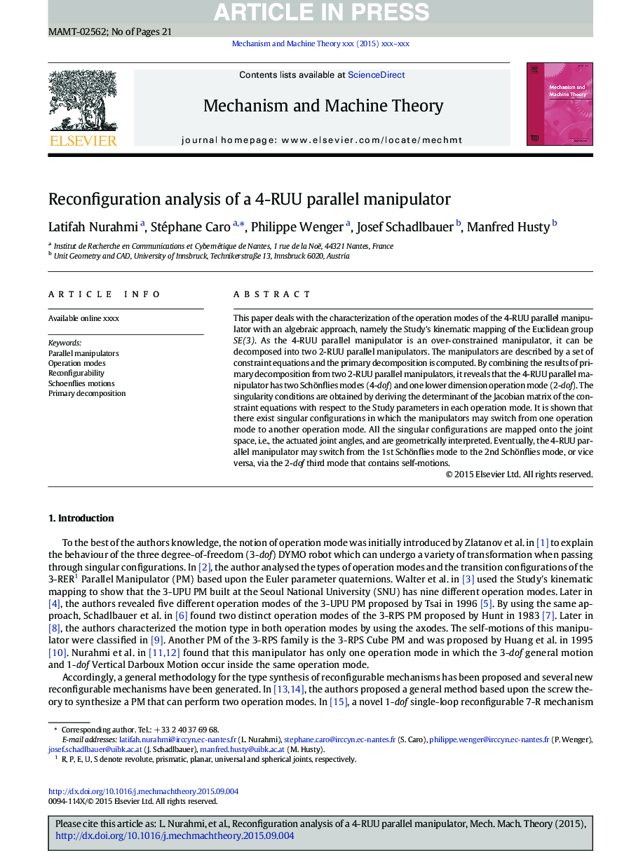 Reconfiguration analysis of a 4-RUU parallel manipulator