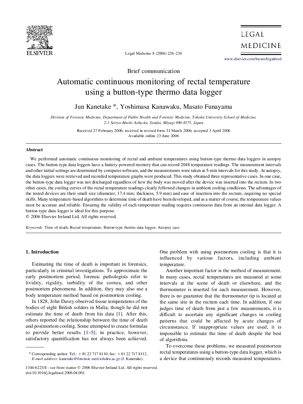 Automatic continuous monitoring of rectal temperature using a button-type thermo data logger