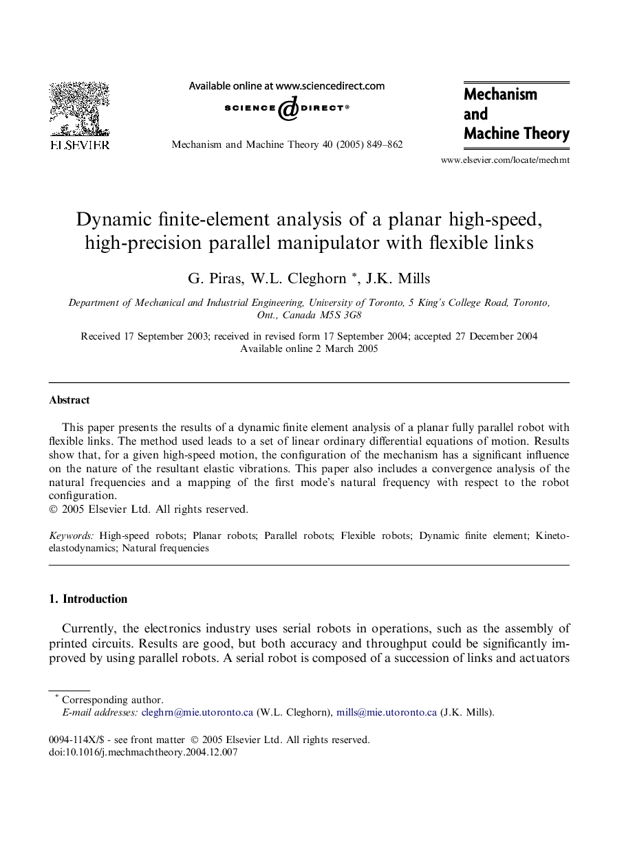 Dynamic finite-element analysis of a planar high-speed, high-precision parallel manipulator with flexible links