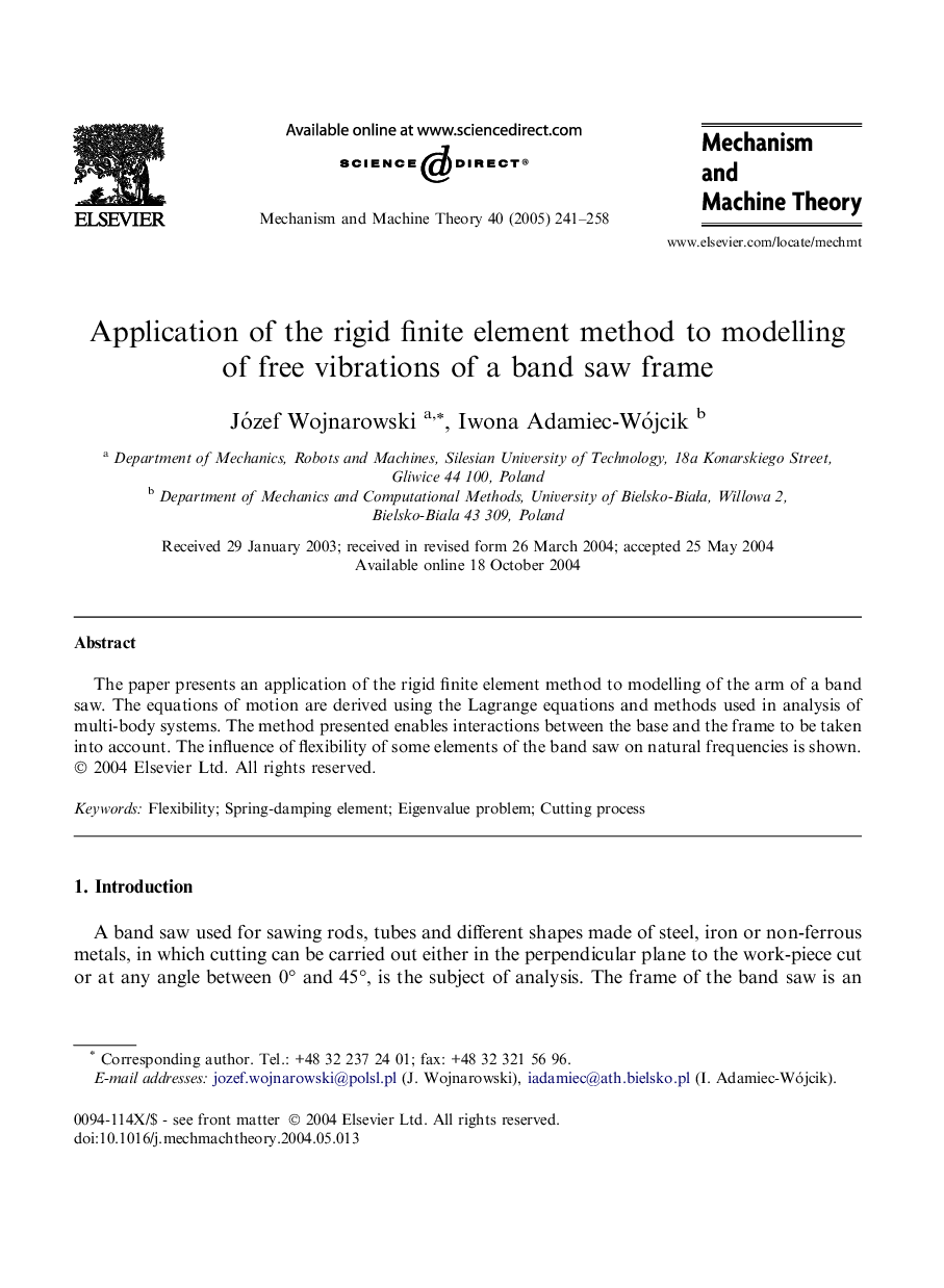 Application of the rigid finite element method to modelling of free vibrations of a band saw frame