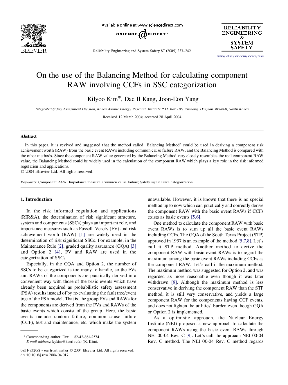 On the use of the Balancing Method for calculating component RAW involving CCFs in SSC categorization