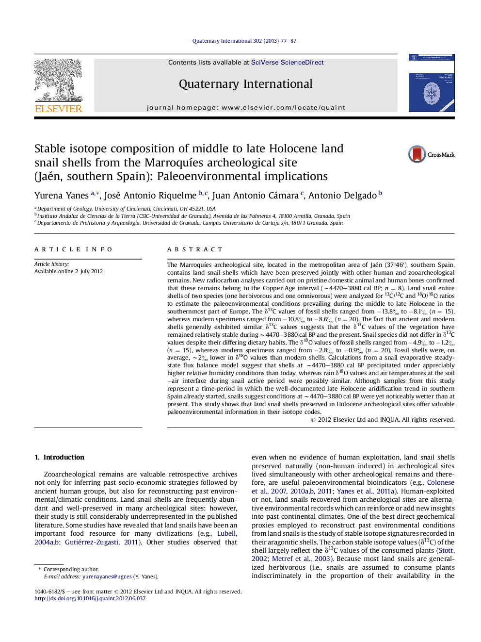 Stable isotope composition of middle to late Holocene land snail shells from the Marroquíes archeological site (Jaén, southern Spain): Paleoenvironmental implications