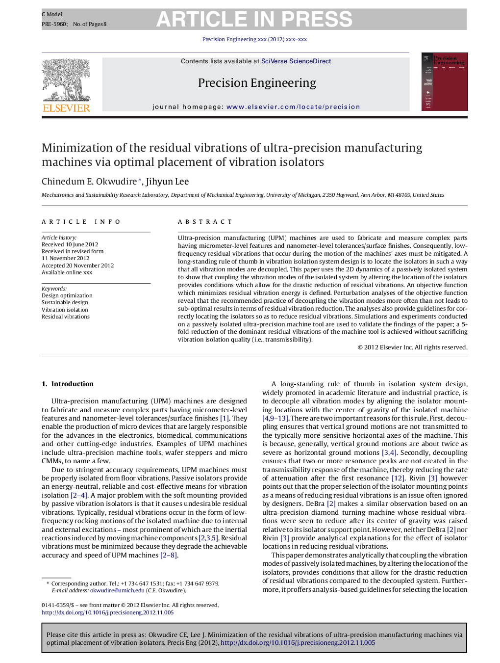 Minimization of the residual vibrations of ultra-precision manufacturing machines via optimal placement of vibration isolators