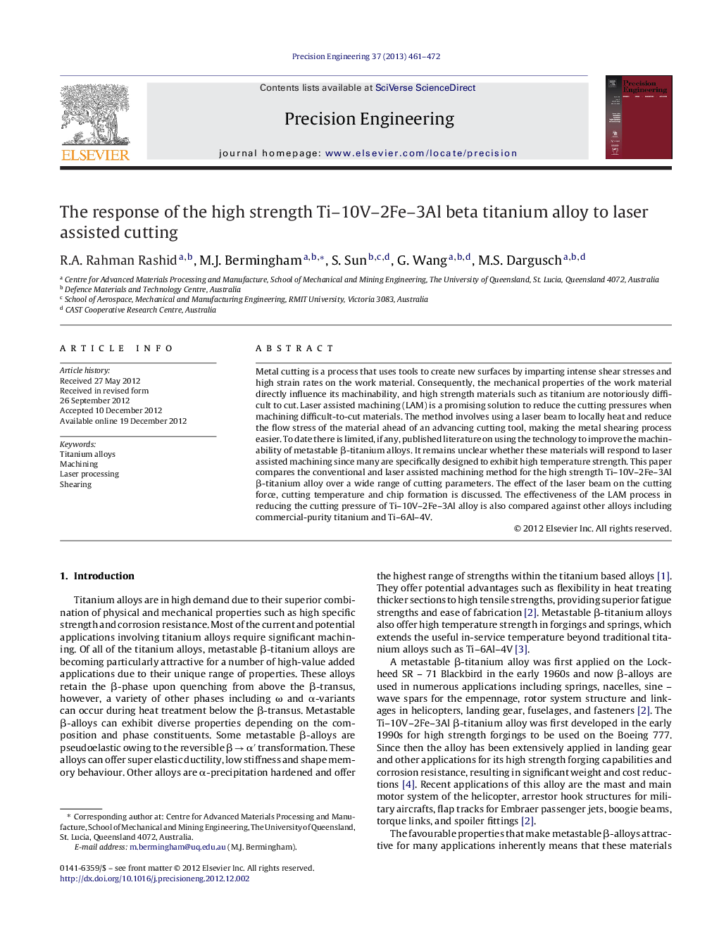 The response of the high strength Ti-10V-2Fe-3Al beta titanium alloy to laser assisted cutting