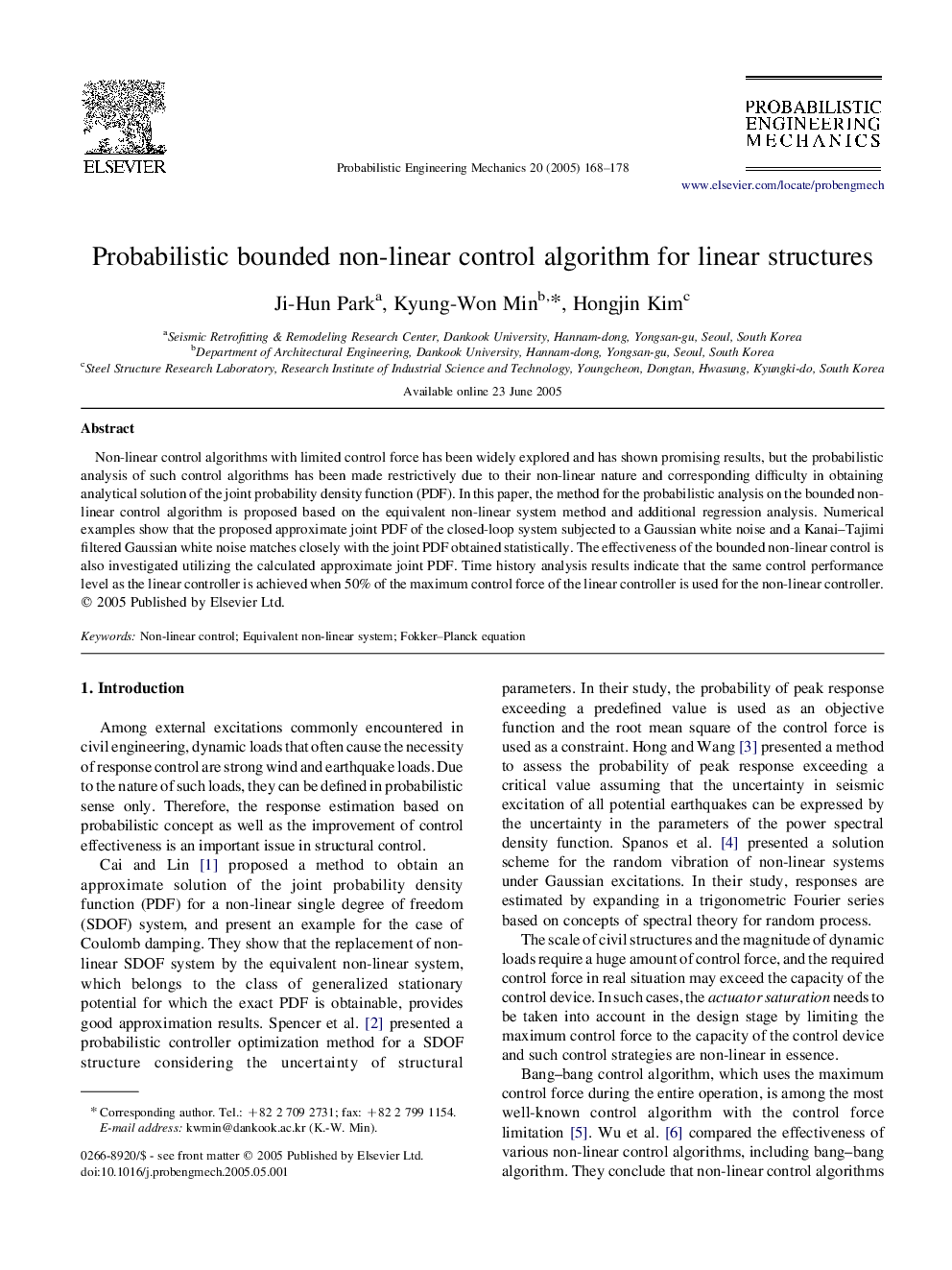 Probabilistic bounded non-linear control algorithm for linear structures