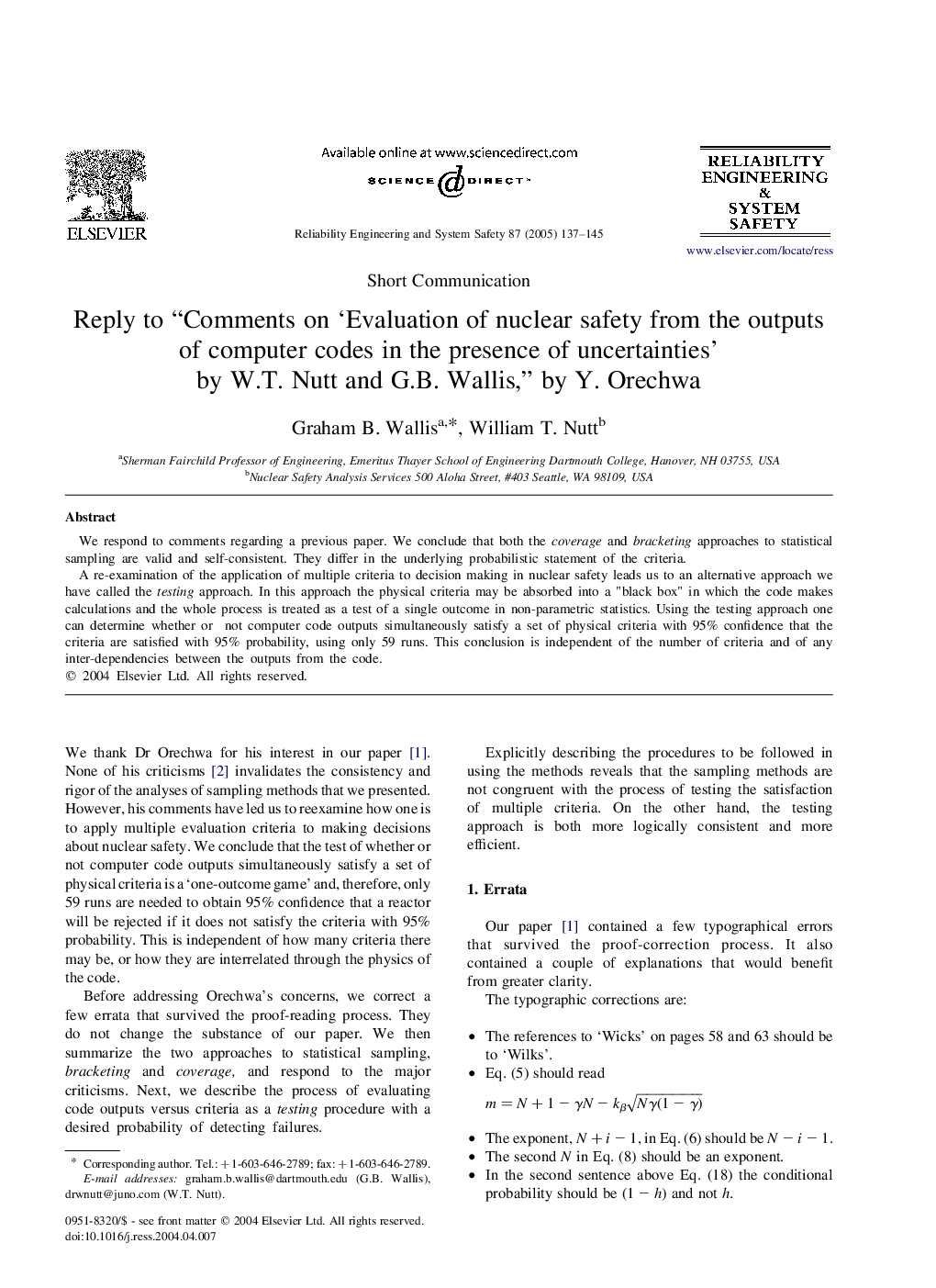 Reply to “Comments on 'Evaluation of nuclear safety from the outputs of computer codes in the presence of uncertainties' by W.T. Nutt and G.B. Wallis,” by Y. Orechwa