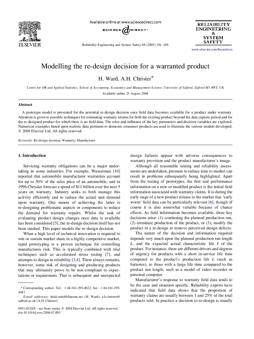 Modelling the re-design decision for a warranted product