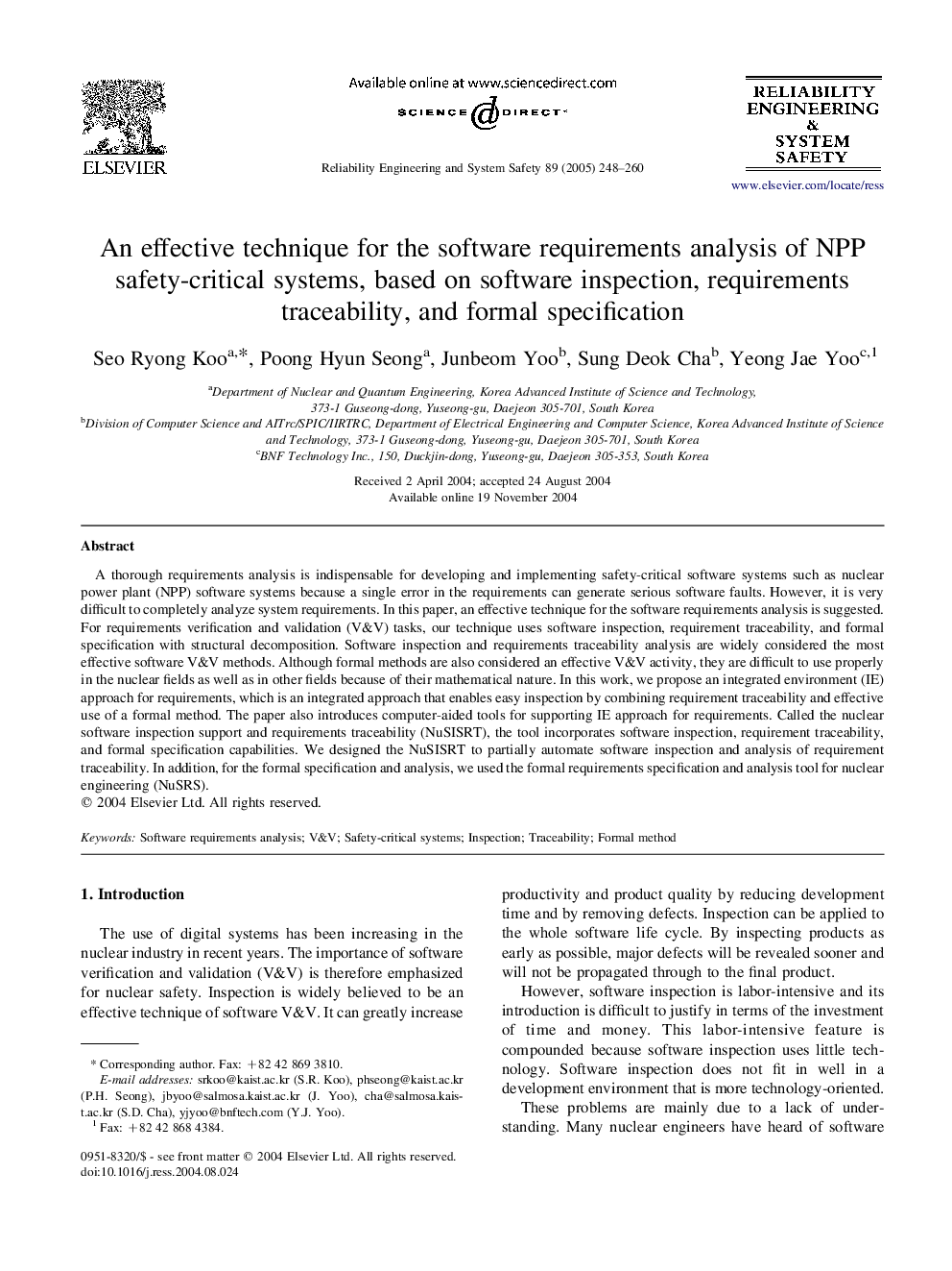 An effective technique for the software requirements analysis of NPP safety-critical systems, based on software inspection, requirements traceability, and formal specification