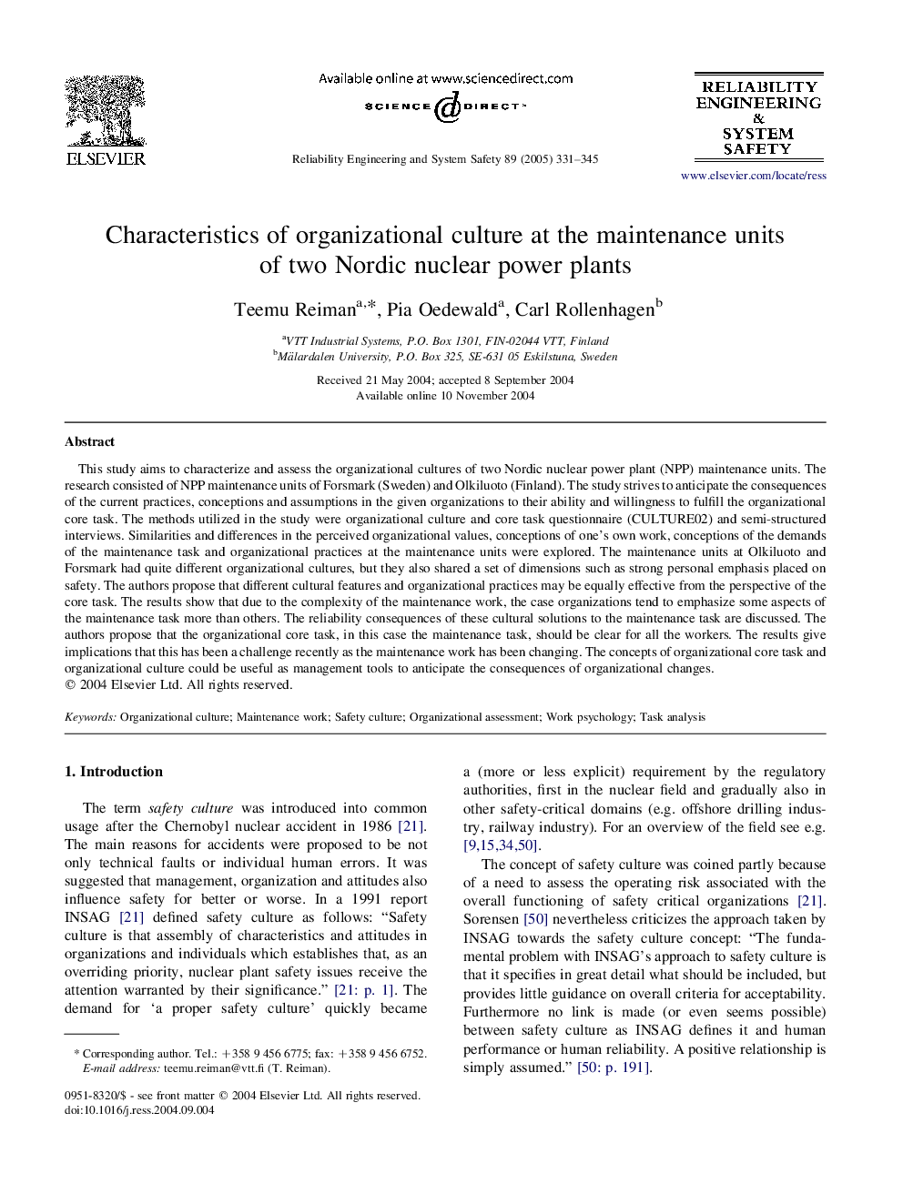 Characteristics of organizational culture at the maintenance units of two Nordic nuclear power plants