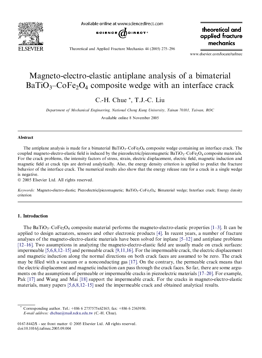 Magneto-electro-elastic antiplane analysis of a bimaterial BaTiO3-CoFe2O4 composite wedge with an interface crack