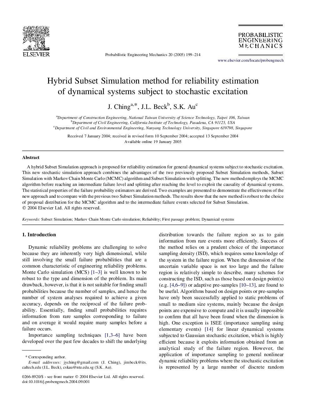 عکس صفحه اول مقاله: Hybrid Subset Simulation method for reliability estimation of dynamical systems subject to stochastic excitation Hybrid Subset Simulation method for reliability estimation of dynamical systems subject to stochastic excitation