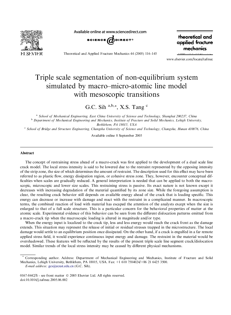 Triple scale segmentation of non-equilibrium system simulated by macro-micro-atomic line model with mesoscopic transitions