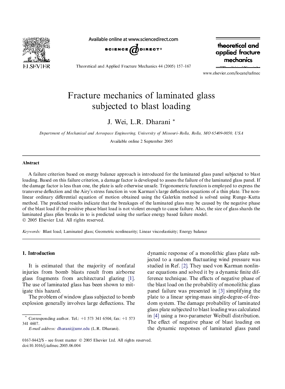 Fracture mechanics of laminated glass subjected to blast loading