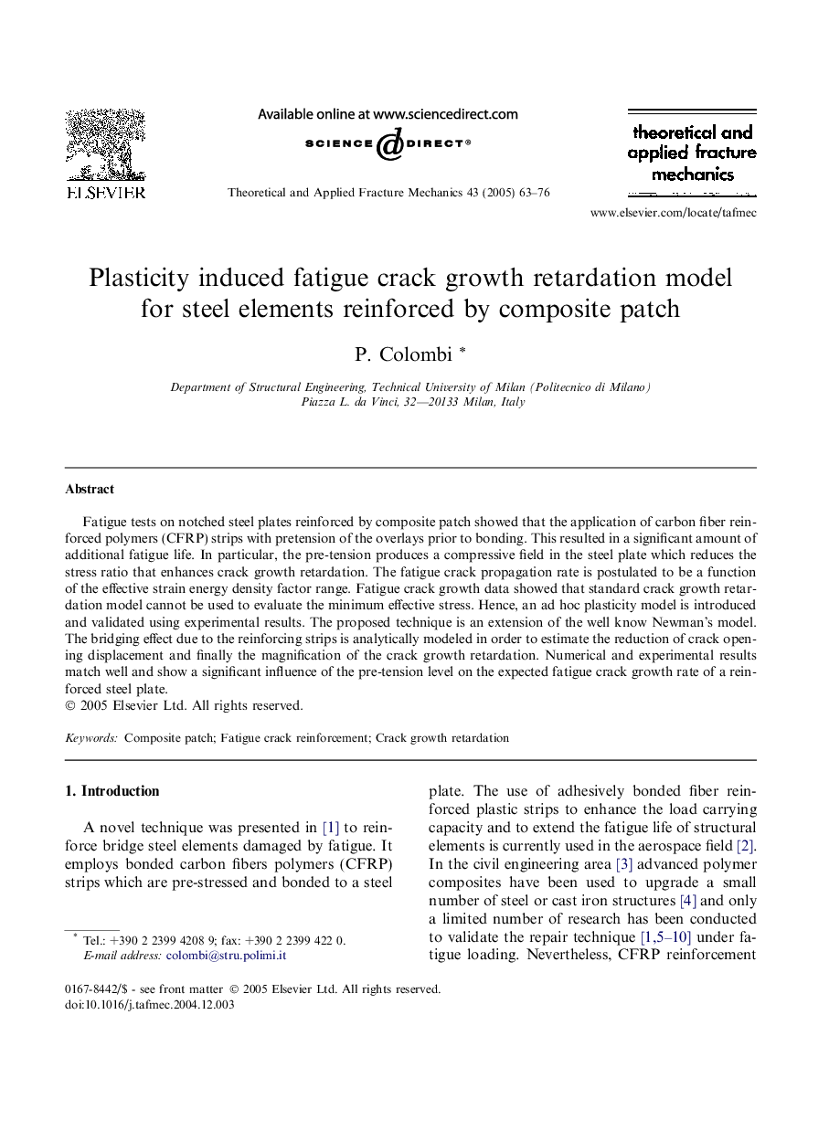 Plasticity induced fatigue crack growth retardation model for steel elements reinforced by composite patch