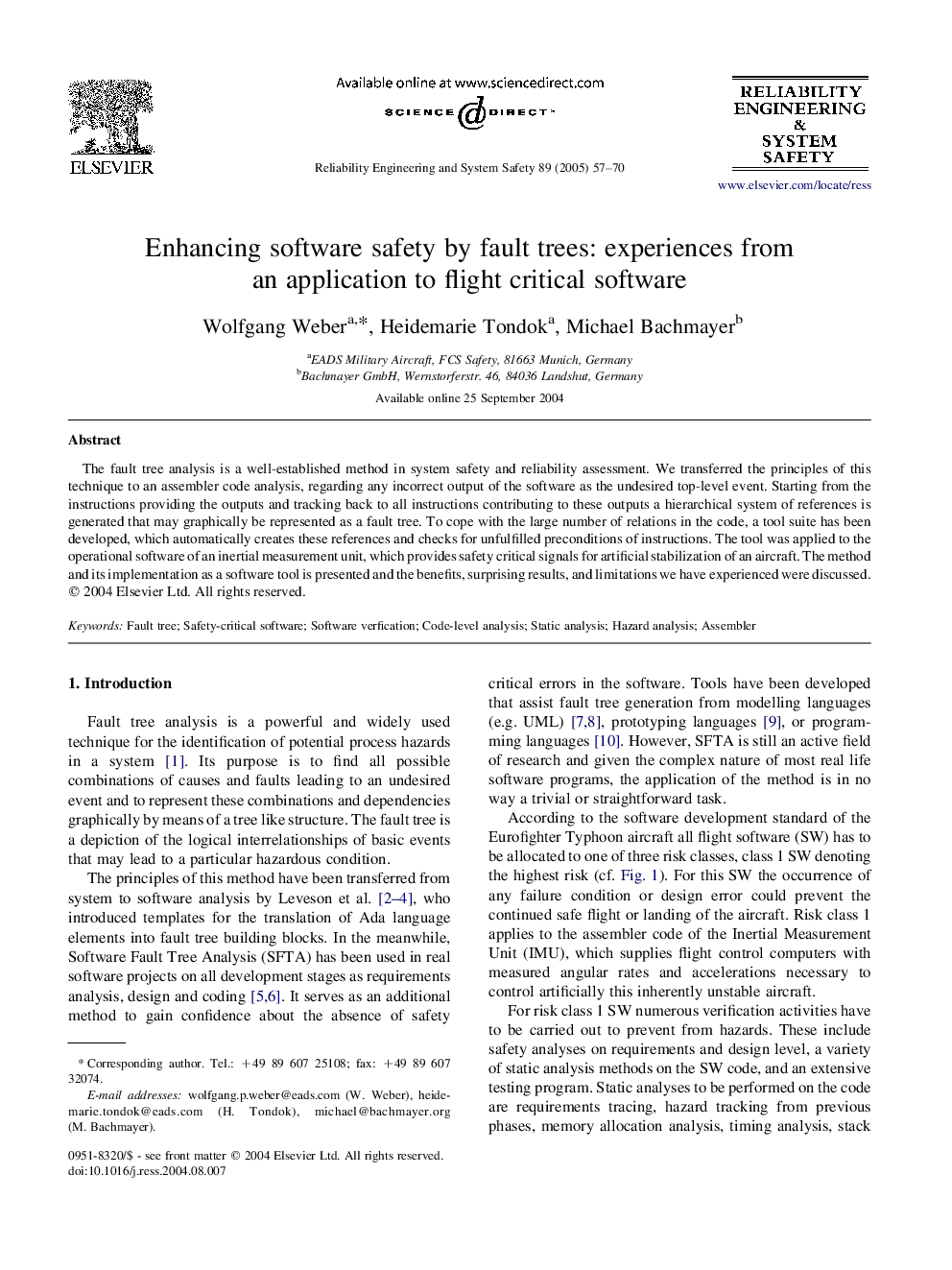 Enhancing software safety by fault trees: experiences from an application to flight critical software