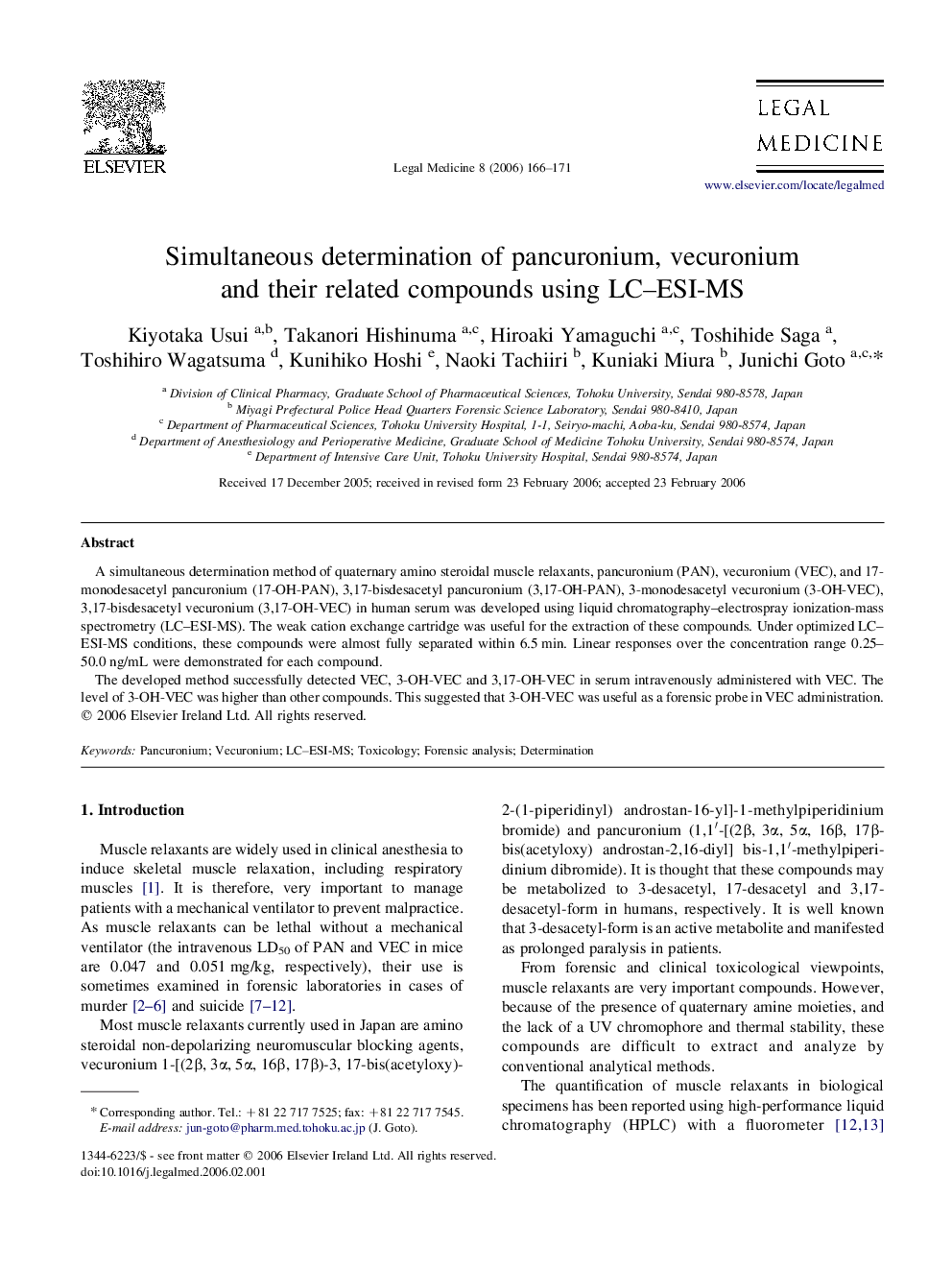 Simultaneous determination of pancuronium, vecuronium and their related compounds using LC–ESI-MS