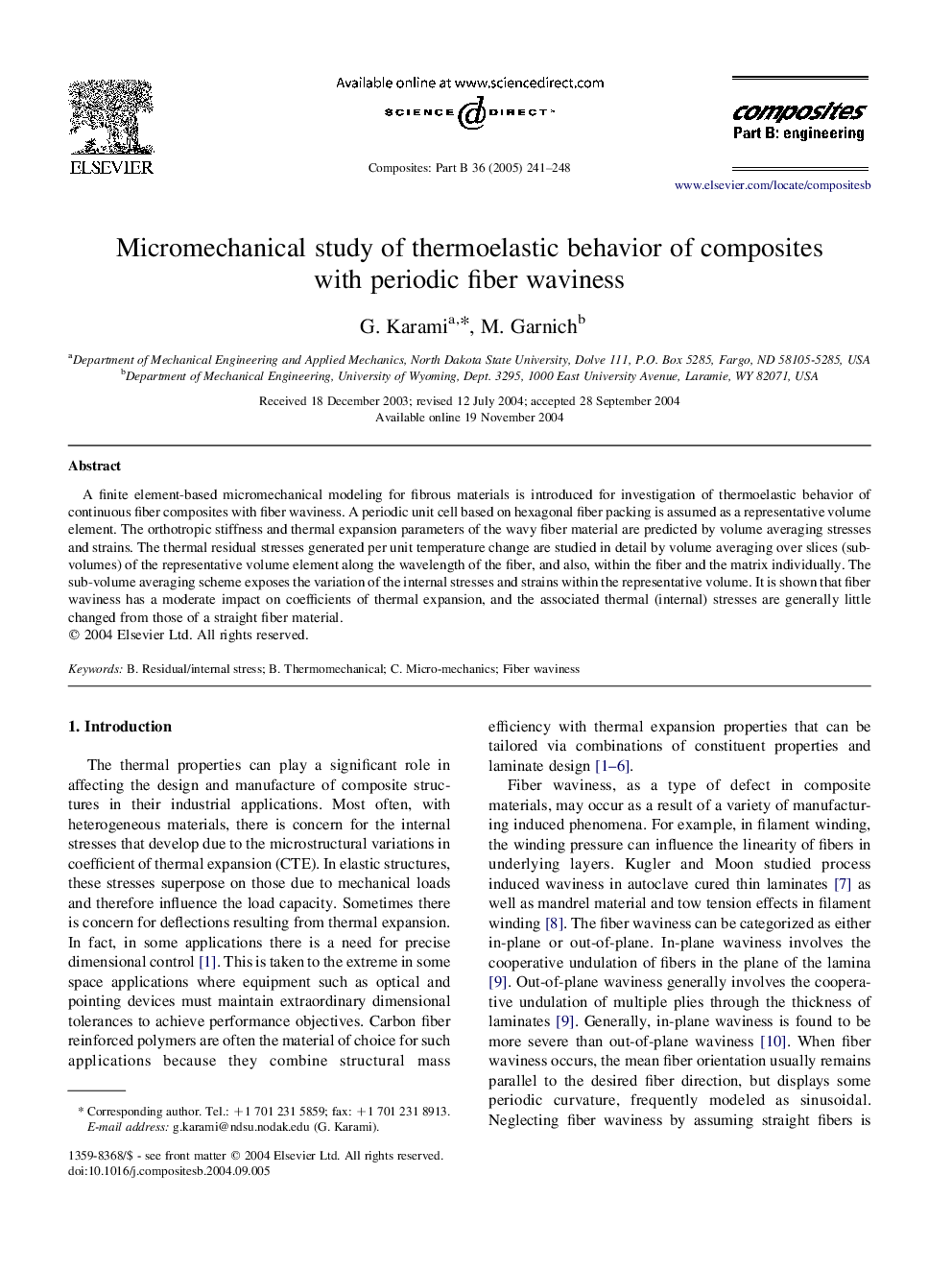 Micromechanical study of thermoelastic behavior of composites with periodic fiber waviness