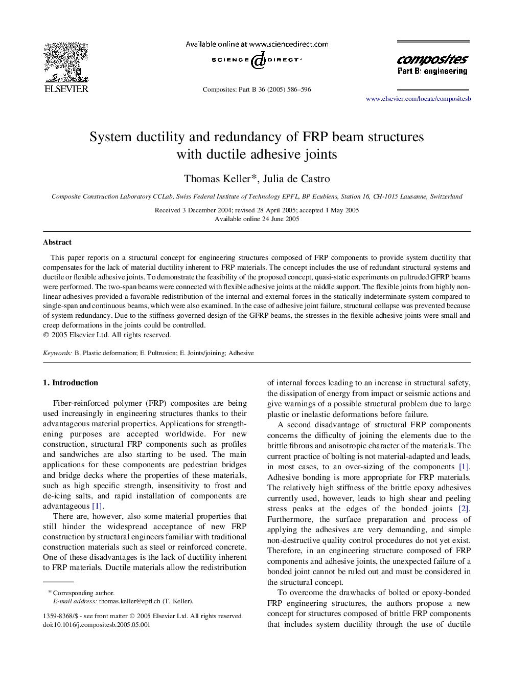 System ductility and redundancy of FRP beam structures with ductile adhesive joints