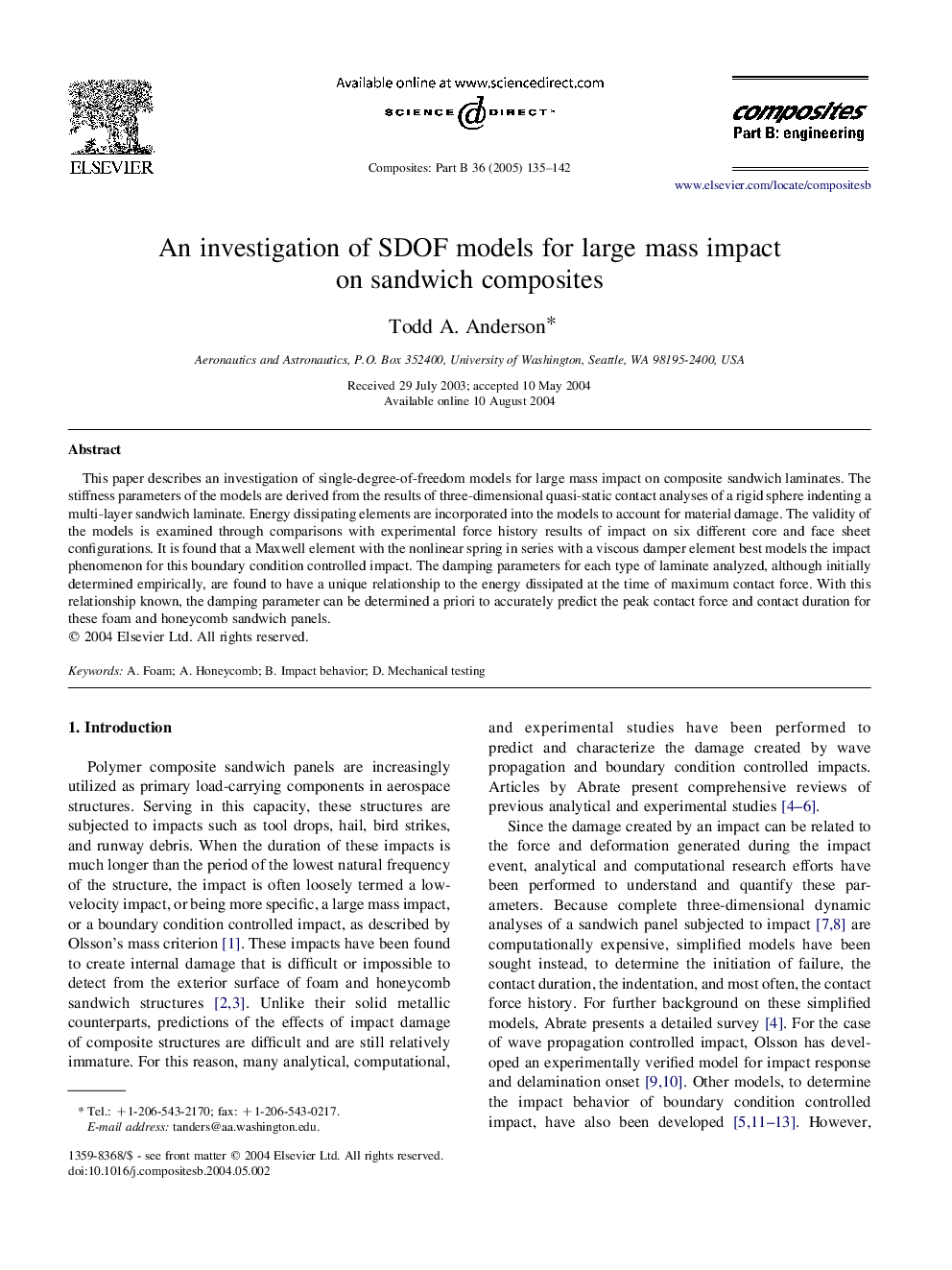 An investigation of SDOF models for large mass impact on sandwich composites