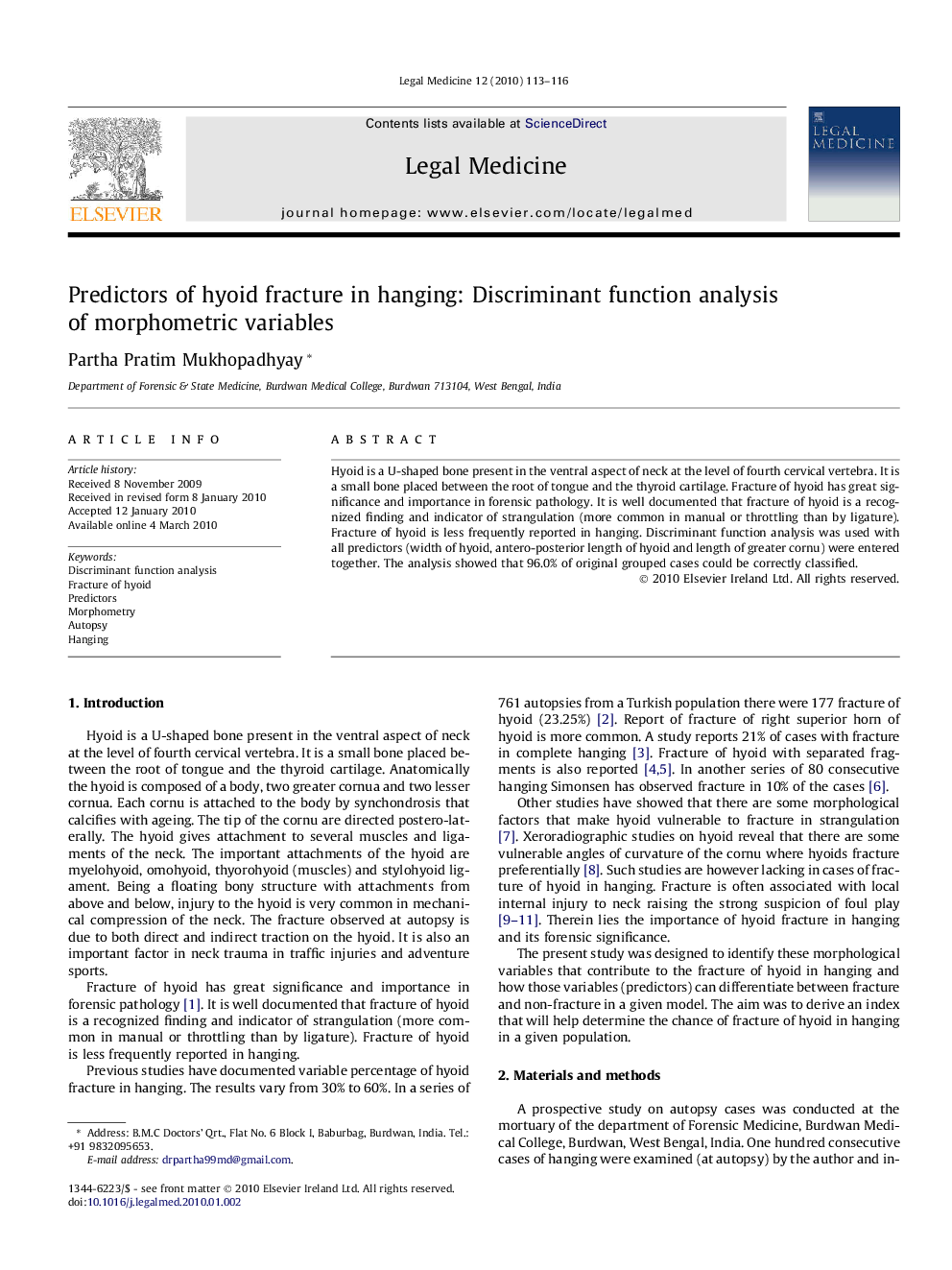 Predictors of hyoid fracture in hanging: Discriminant function analysis of morphometric variables