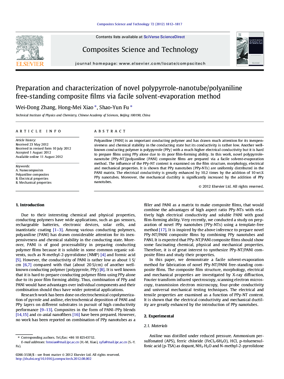 Preparation and characterization of novel polypyrrole-nanotube/polyaniline free-standing composite films via facile solvent-evaporation method