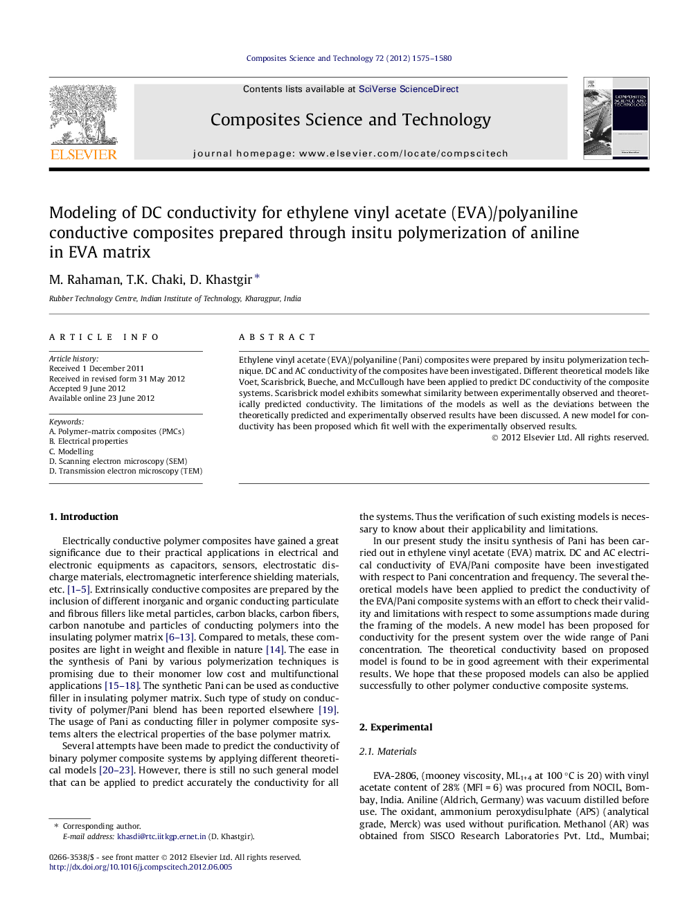 Modeling of DC conductivity for ethylene vinyl acetate (EVA)/polyaniline conductive composites prepared through insitu polymerization of aniline in EVA matrix