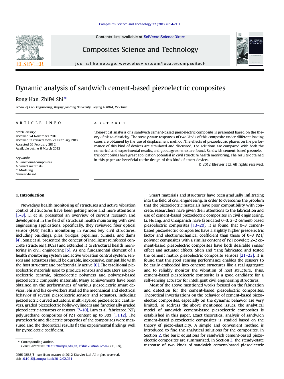 Dynamic analysis of sandwich cement-based piezoelectric composites