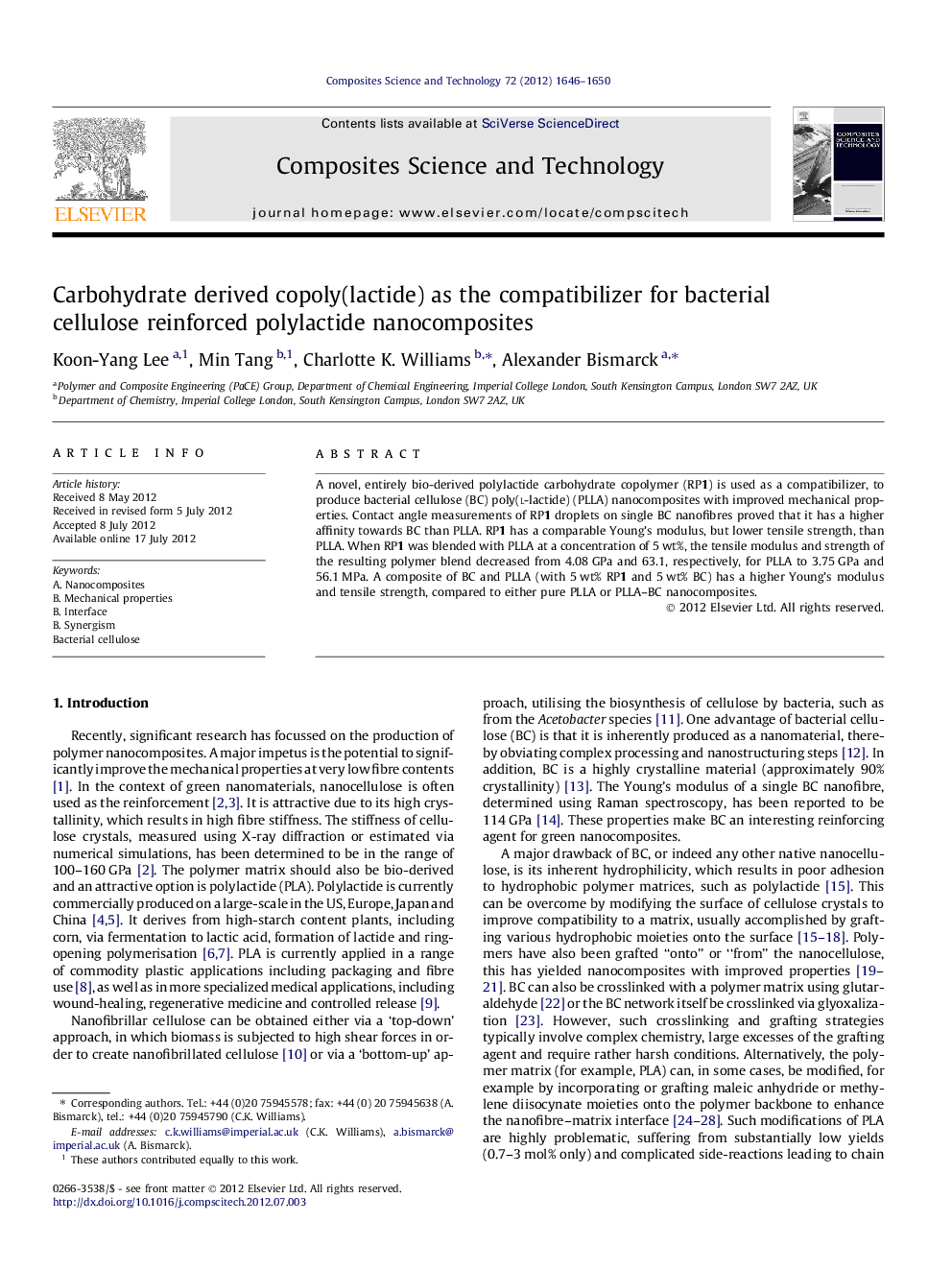 Carbohydrate derived copoly(lactide) as the compatibilizer for bacterial cellulose reinforced polylactide nanocomposites