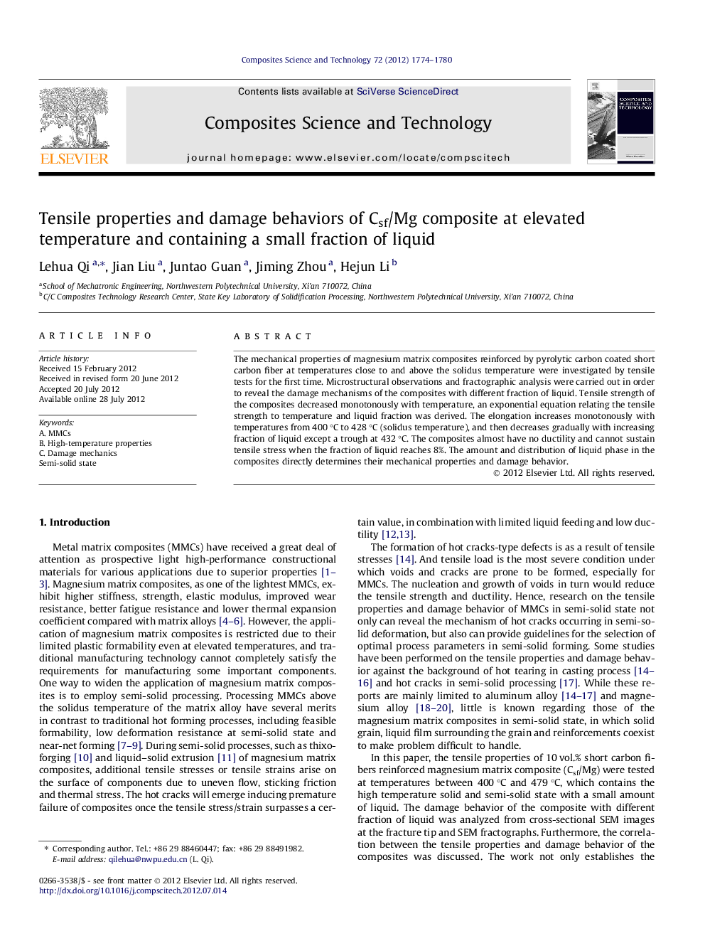 Tensile properties and damage behaviors of Csf/Mg composite at elevated temperature and containing a small fraction of liquid