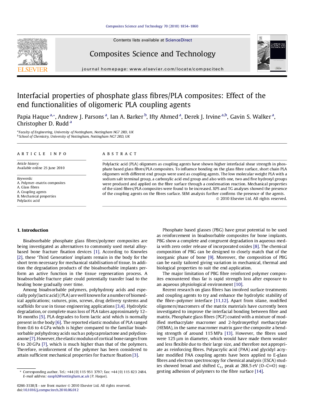 Interfacial properties of phosphate glass fibres/PLA composites: Effect of the end functionalities of oligomeric PLA coupling agents